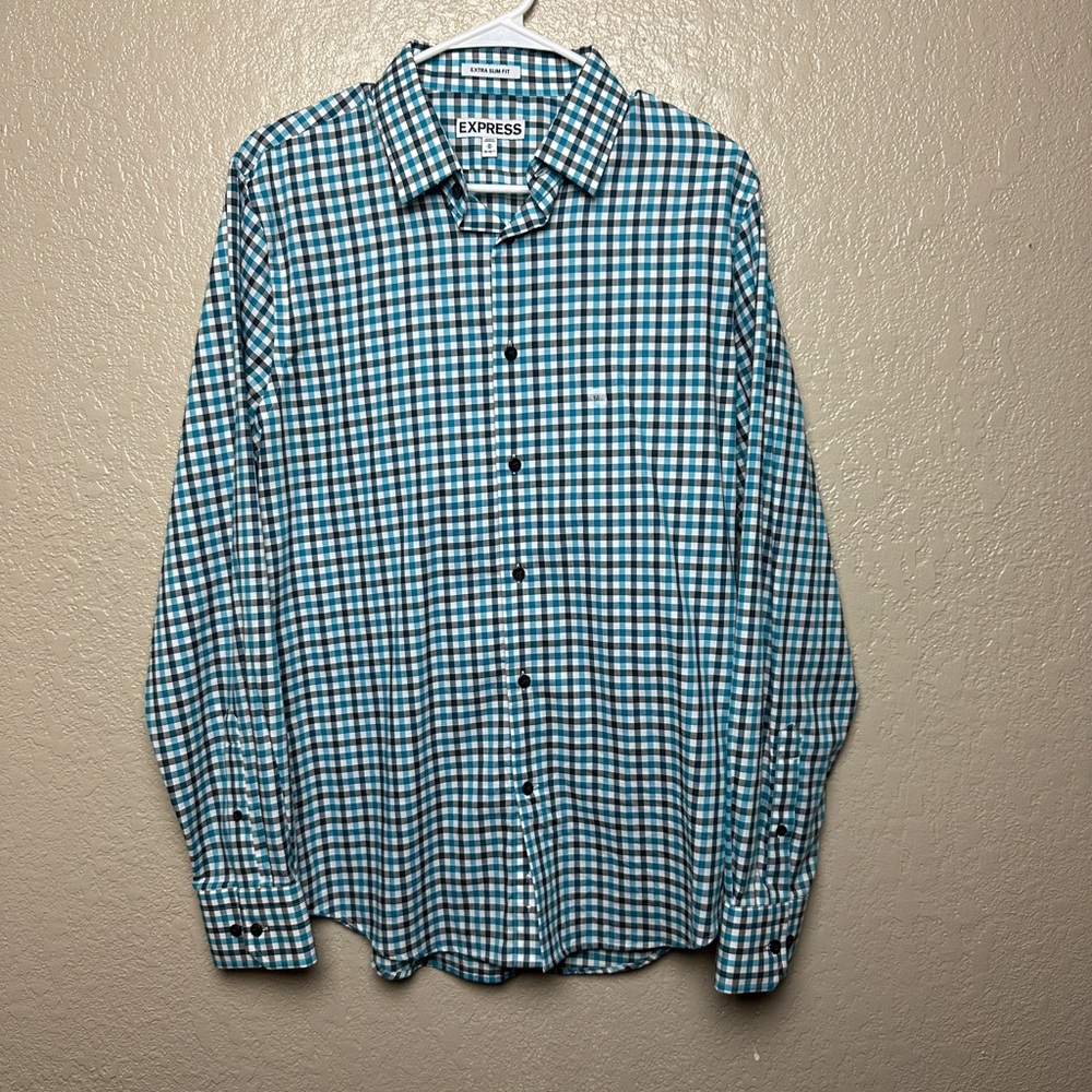 Express Men's Teal and White Plaid Shirt